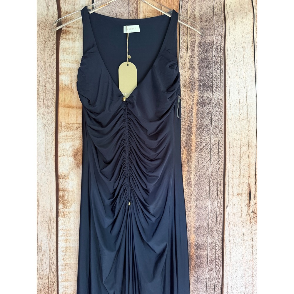 Meshki Perrie Slinky Ruched Maxi Dress Ink Blue Bodycon Maxi Evening Large NWT - Picture 3 of 11
